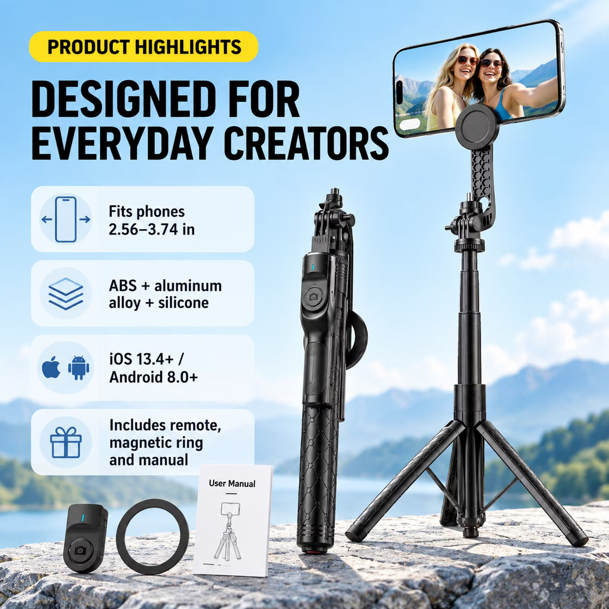 72" Magnetic Tripod for iPhone, Auto-Open Magnetic Selfie Stick Tripod with Bluetooth Remote, Extendable Phone Tripod Stand, 360° Rotating Holder for iPhone & Android