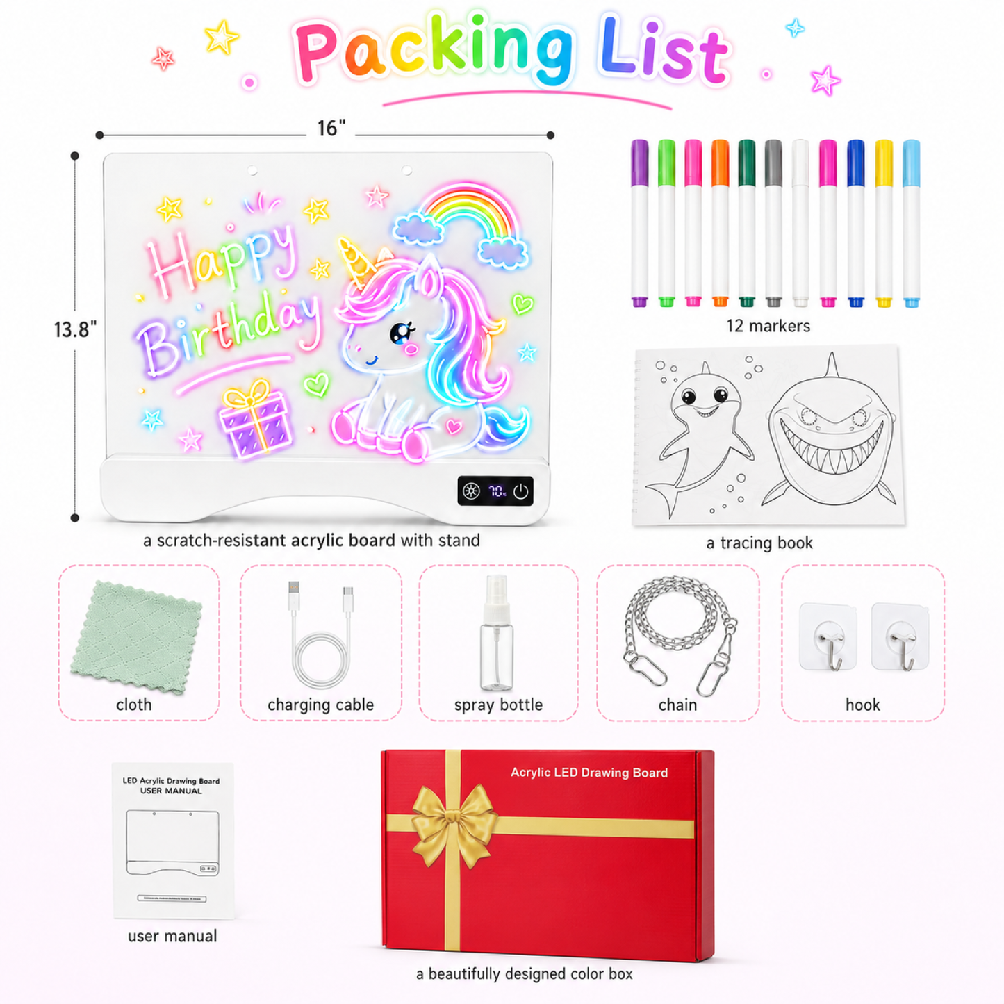 16" Rechargeable LED Drawing Board for Kids, Art Kits Gift for 4-12 Years Old Girls,15 Light Effects,Glow Doodle Tablet, Neon Dry Erase Light up Board with Invisible Stand, 12 Markers & Tracing Book