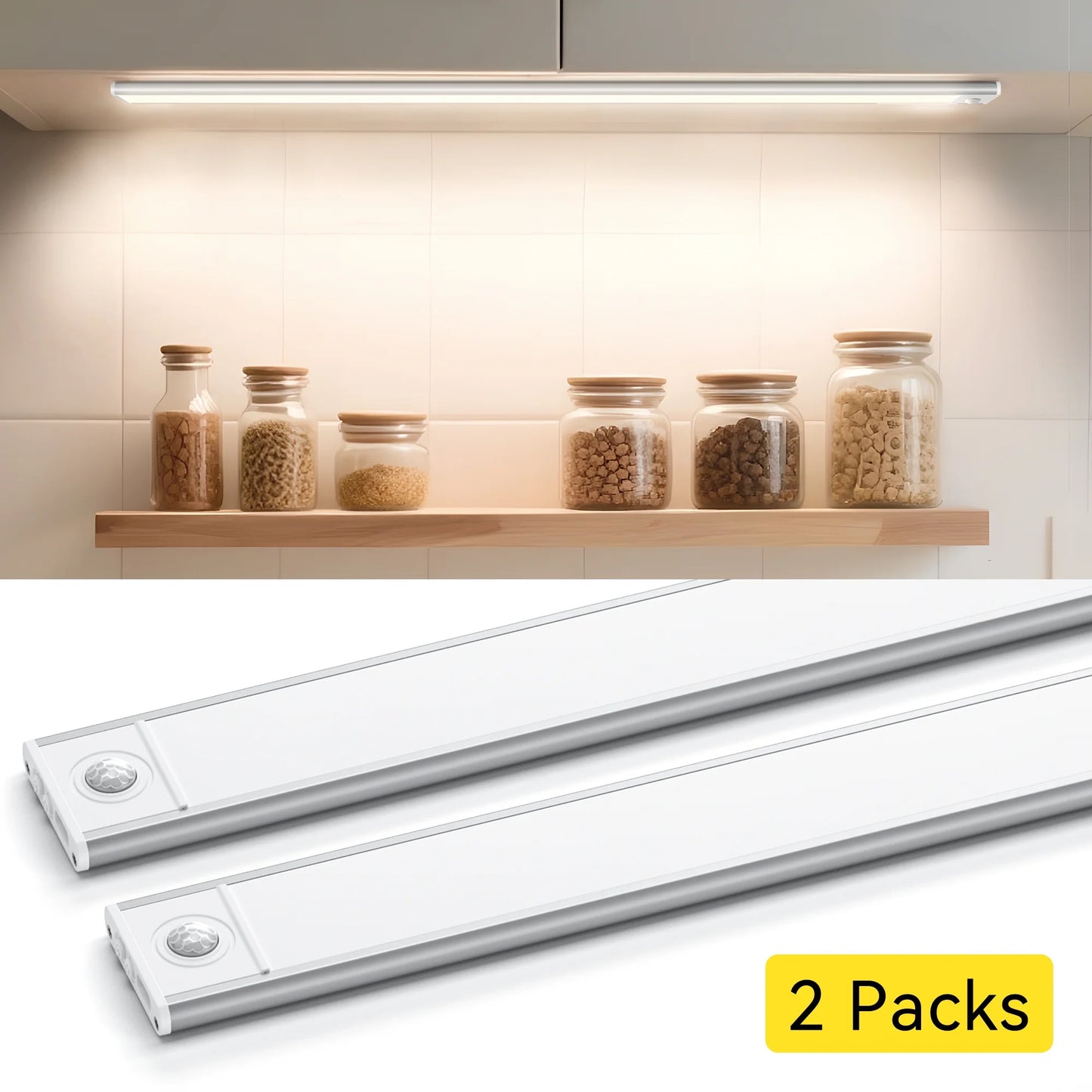 Under Cabinet Lighting 16 inches, 108 LED Motion Sensor Light Indoor, 3 Color Temperatures & Stepless Dimming Closet Lights, Magnetic Under Counter Lights for Kitchen, Pantry, Stairs - 2 Pack
