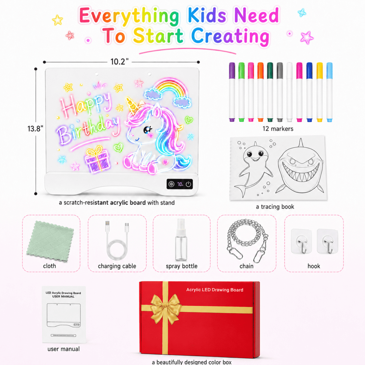 16" Rechargeable LED Drawing Board for Kids, Art Kits Gift for 4-12 Years Old Girls,15 Light Effects,Glow Doodle Tablet, Neon Dry Erase Light up Board with Invisible Stand, 12 Markers & Tracing Book
