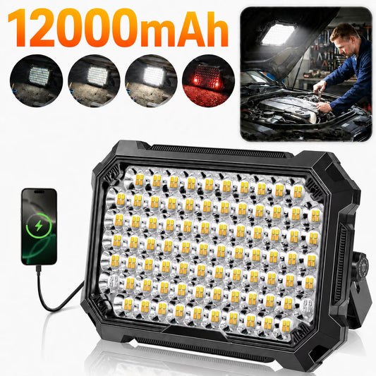 Rechargeable LED Work Light 12000mAh, 10000LM Portable Magnetic Work Light 320 LED, 4 Modes, Adjustable Stand for Mechanics, Camping, Fishing, Car Repair, Emergency Light for Power Outage