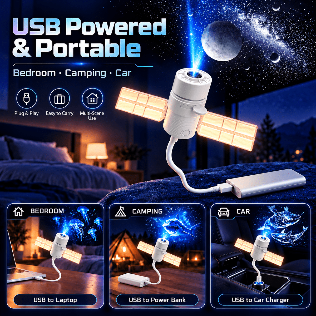 Lumdark Star Projector Night Light, 2-in-1 Projection Lamp with 30/60/90 Min Timer, 360° Flexible USB Gooseneck, Replaceable Projection Films