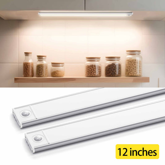 Under Cabinet Lighting 12 inches, 81 LED Motion Sensor Light Indoor with 3 Color Dimmable, Battery Operated Closet Lights Rechargeable Lamp, Magnetic Under Counter Night Light for Kitchen - 2 Pack