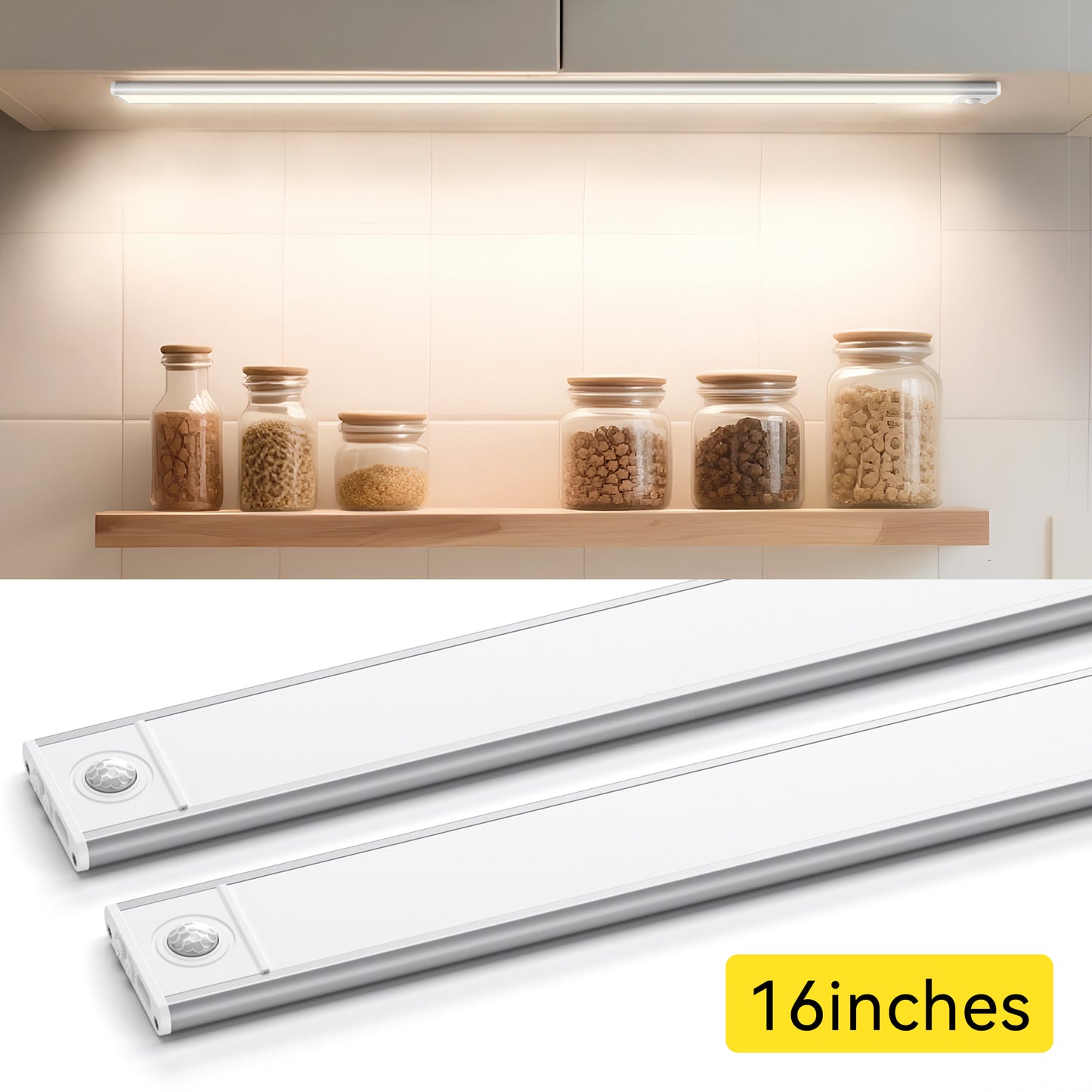 Under Cabinet Lighting 16 inches, 108 LED Motion Sensor Light Indoor, 3 Color Temperatures & Stepless Dimming Closet Lights, Magnetic Under Counter Lights for Kitchen, Pantry, Stairs - 2 Pack