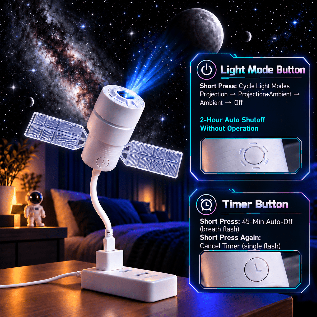 Lumdark Star Projector Night Light, 2-in-1 Projection Lamp with 30/60/90 Min Timer, 360° Flexible USB Gooseneck, Replaceable Projection Films