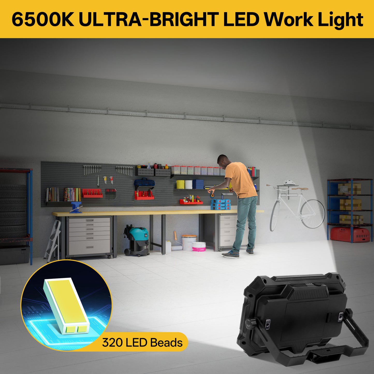 Rechargeable LED Work Light 12000mAh, 10000LM Portable Magnetic Work Light 320 LED, 4 Modes, Adjustable Stand for Mechanics, Camping,Fishing, Car Repair, Tool Gifts for Men Dad Him