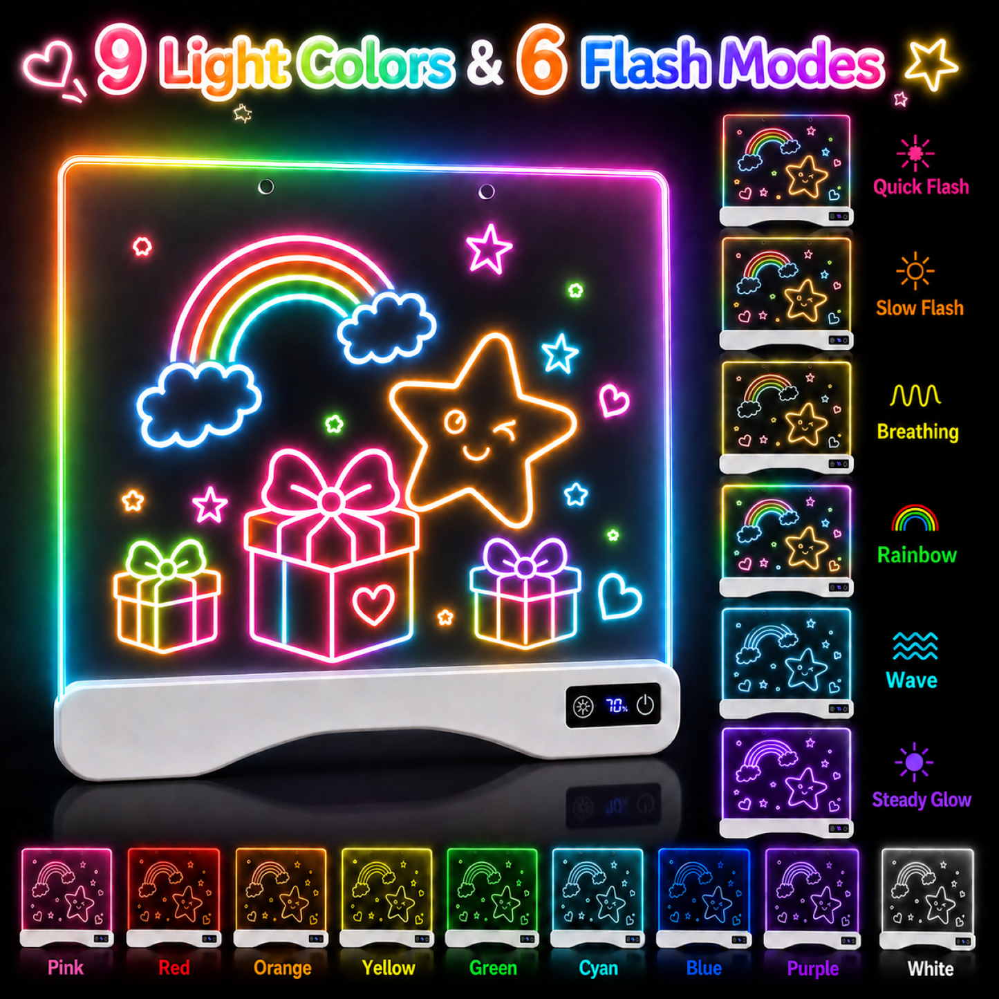16" Rechargeable LED Drawing Board for Kids, Art Kits Gift for 4-12 Years Old Girls,15 Light Effects,Glow Doodle Tablet, Neon Dry Erase Light up Board with Invisible Stand, 12 Markers & Tracing Book