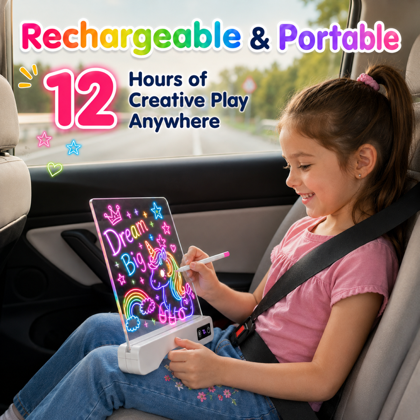 16" Rechargeable LED Drawing Board for Kids, Art Kits Gift for 4-12 Years Old Girls,15 Light Effects,Glow Doodle Tablet, Neon Dry Erase Light up Board with Invisible Stand, 12 Markers & Tracing Book