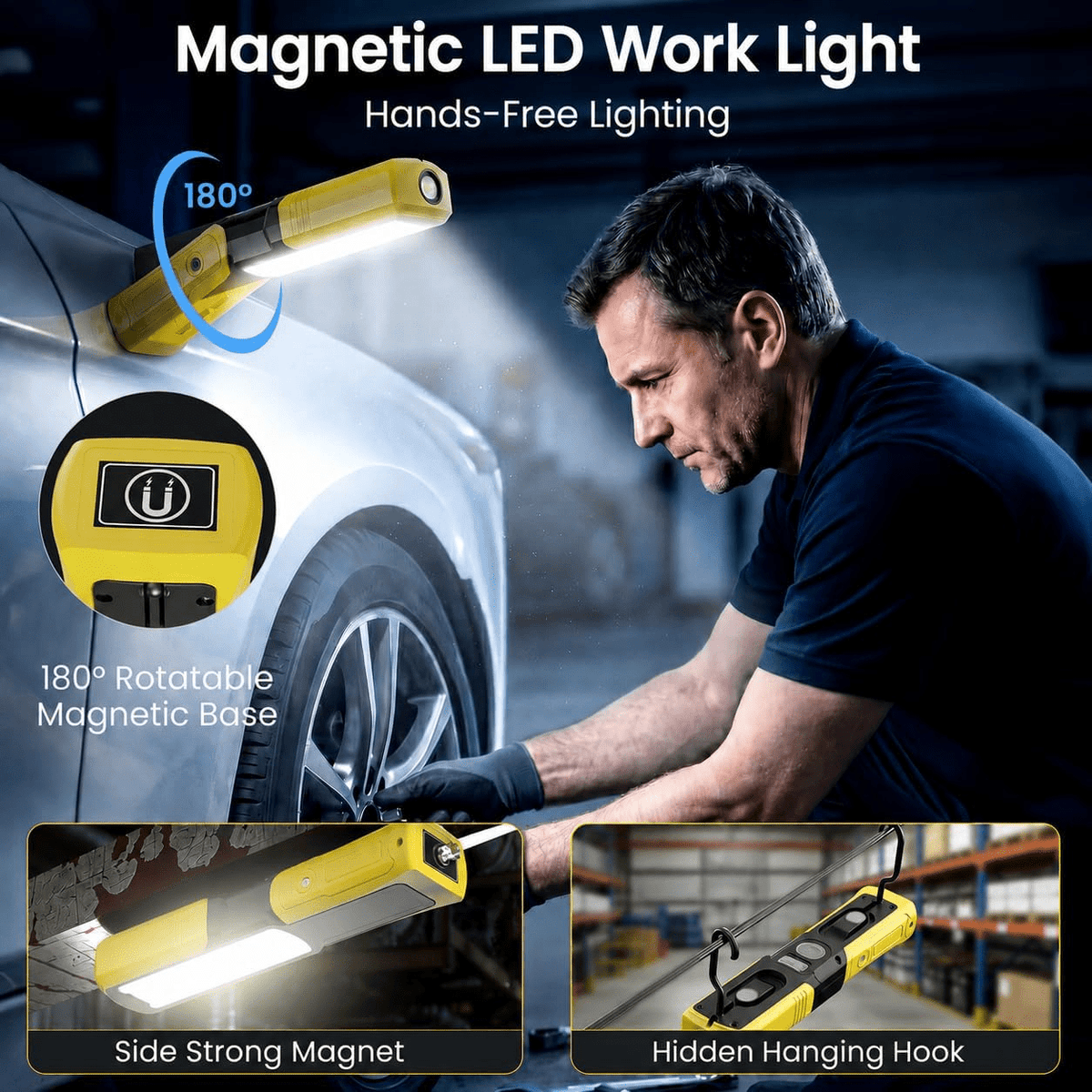 Lumdark Magnetic Work Light, 6000mAh Rechargeable Work Light, Magnetic Flashlight with 5 Modes, 180° Rotating Base, Side Magnet & Hook for Car Repair, Garage and Camping