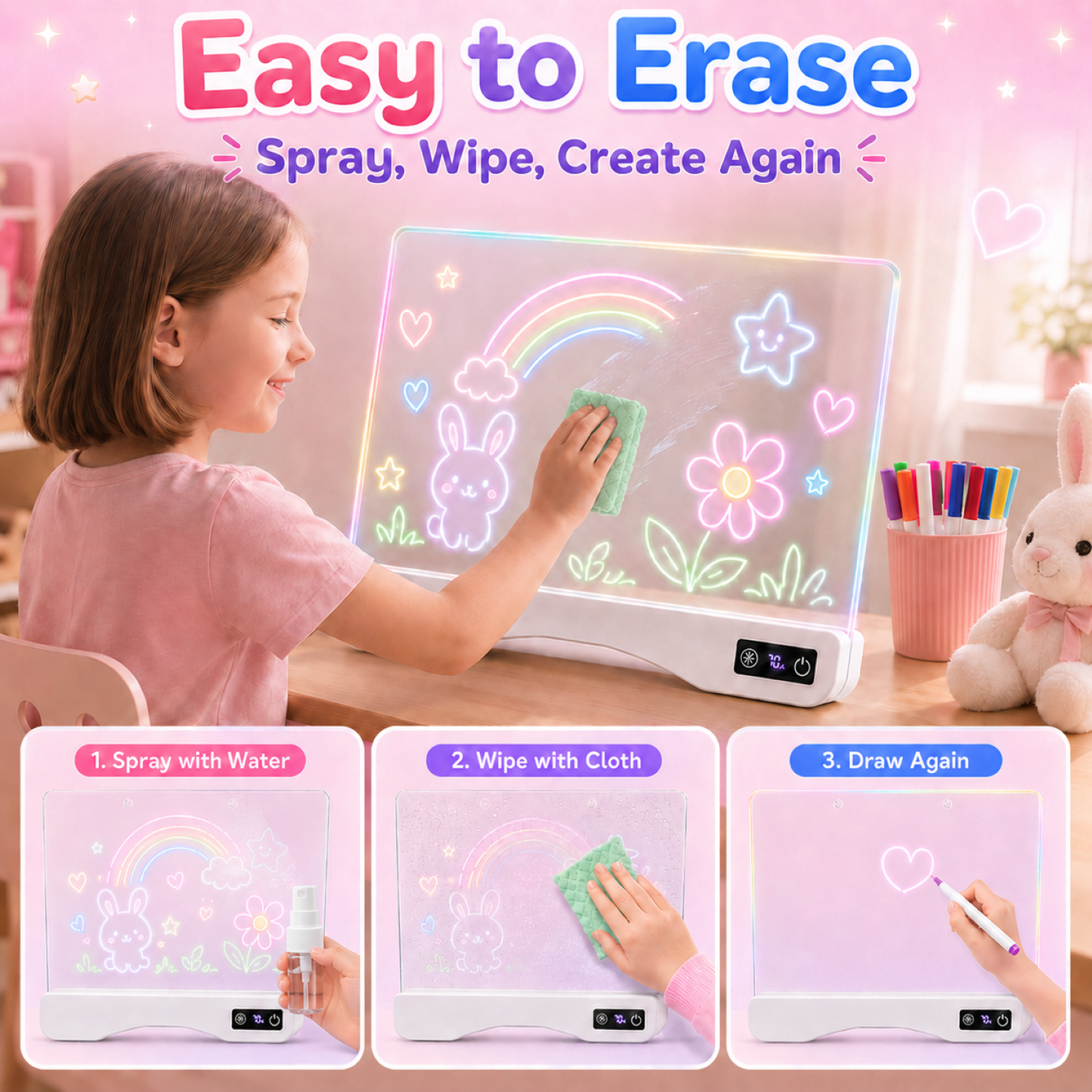 16" Rechargeable LED Drawing Board for Kids, Art Kits Gift for 4-12 Years Old Girls,15 Light Effects,Glow Doodle Tablet, Neon Dry Erase Light up Board with Invisible Stand, 12 Markers & Tracing Book