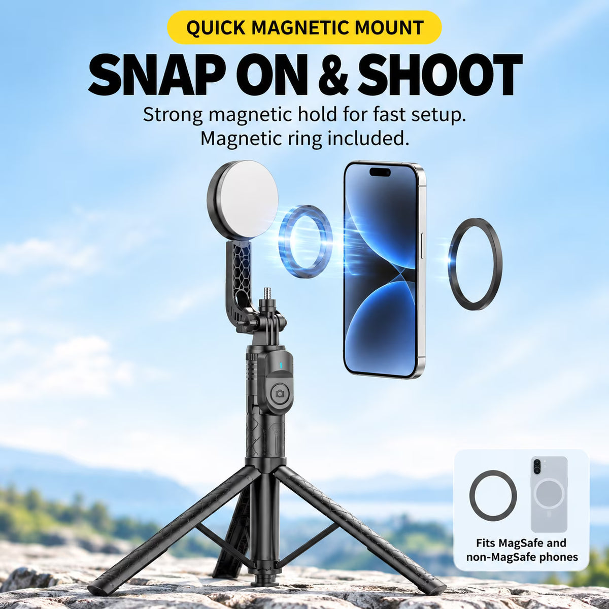 72" Magnetic Tripod for iPhone, Auto-Open Magnetic Selfie Stick Tripod with Bluetooth Remote, Extendable Phone Tripod Stand, 360° Rotating Holder for iPhone & Android
