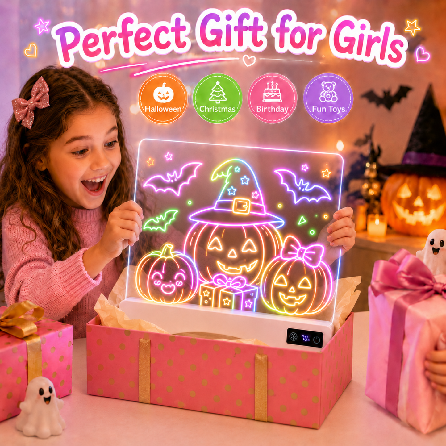 16" Rechargeable LED Drawing Board for Kids, Art Kits Gift for 4-12 Years Old Girls,15 Light Effects,Glow Doodle Tablet, Neon Dry Erase Light up Board with Invisible Stand, 12 Markers & Tracing Book
