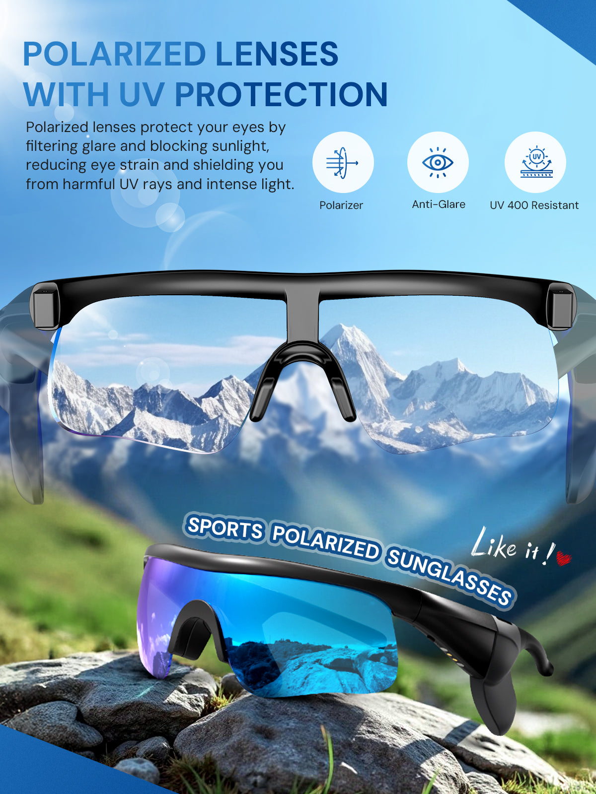 Smart Glasses, Polarized Sunglasses for Men & Women with Bluetooth Speaker, UV Protection, Built-in Mic, Wireless Music & Calls, Magnetic Charging, Smart Sunglasses for Cycling, Running
