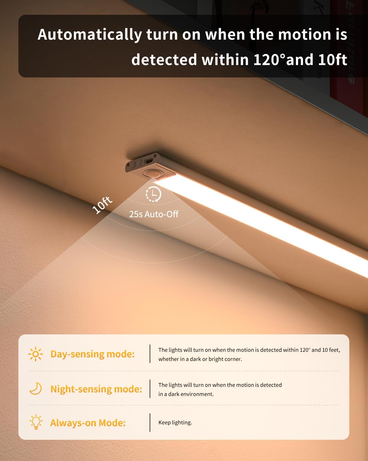 Under Cabinet Lighting, 54 LED Motion Sensor Light Indoor, 3 Color & Stepless Dimmable Closet Lights, Magnetic Under Counter Lights for Kitchen, Stairs, Hallway - 2 Pack