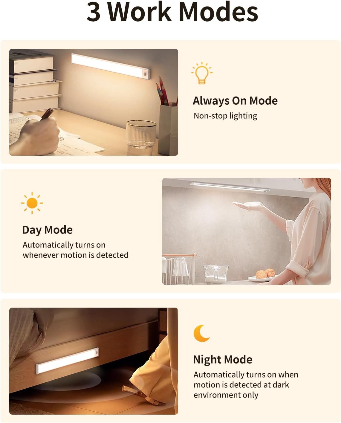 Under Cabinet Lighting, 54 LED Motion Sensor Light Indoor, 3 Color & Stepless Dimmable Closet Lights, Magnetic Under Counter Lights for Kitchen, Stairs, Hallway - 2 Pack