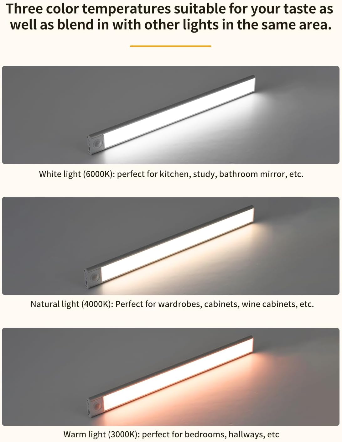 Under Cabinet Lighting, 54 LED Motion Sensor Light Indoor, 3 Color & Stepless Dimmable Closet Lights, Magnetic Under Counter Lights for Kitchen, Stairs, Hallway - 2 Pack