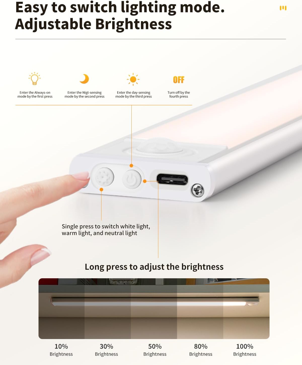 Under Cabinet Lighting, 54 LED Motion Sensor Light Indoor, 3 Color & Stepless Dimmable Closet Lights, Magnetic Under Counter Lights for Kitchen, Stairs, Hallway - 2 Pack