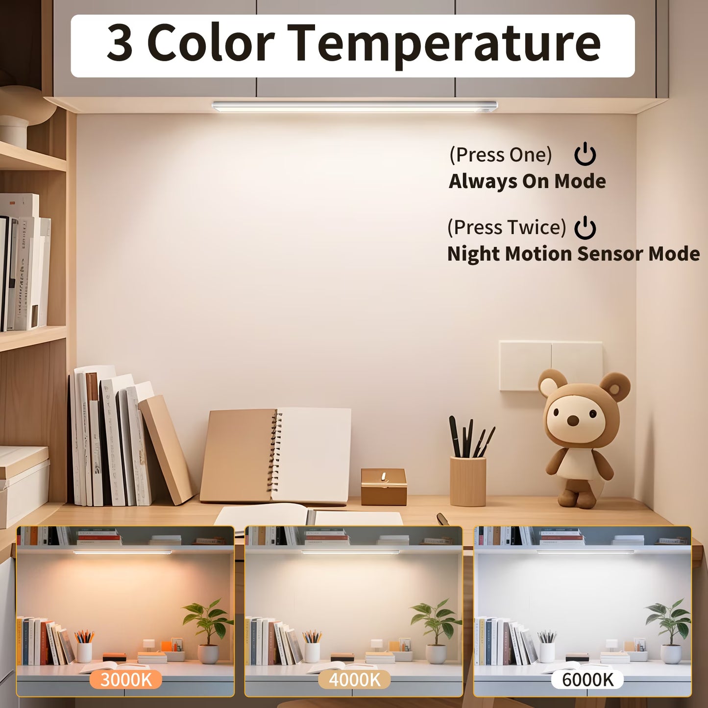 Under Cabinet Lighting, 54 LED Motion Sensor Light Indoor, 3 Color & Stepless Dimmable Closet Lights, Magnetic Under Counter Lights for Kitchen, Stairs, Hallway - 2 Pack