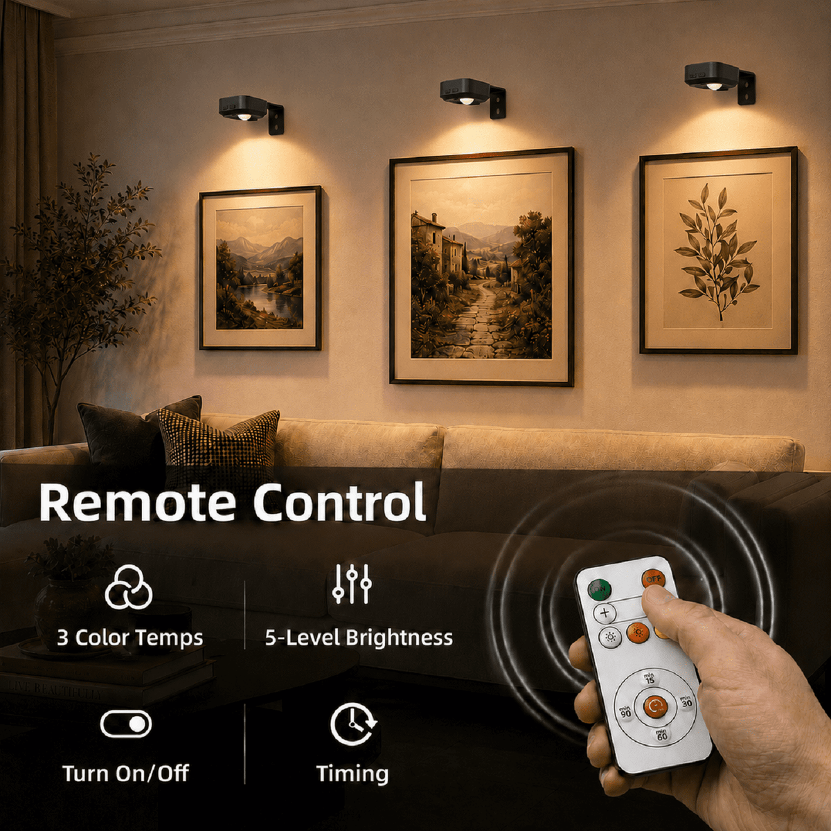 Mini Picture Lights for Wall, Rechargeable Wireless Frame Lights with Remote, 3 Color Temperatures, 5-Level Dimmable, Timer, Magnetic Art Lights for Paintings, Photos & Small Frames, 3 Pack