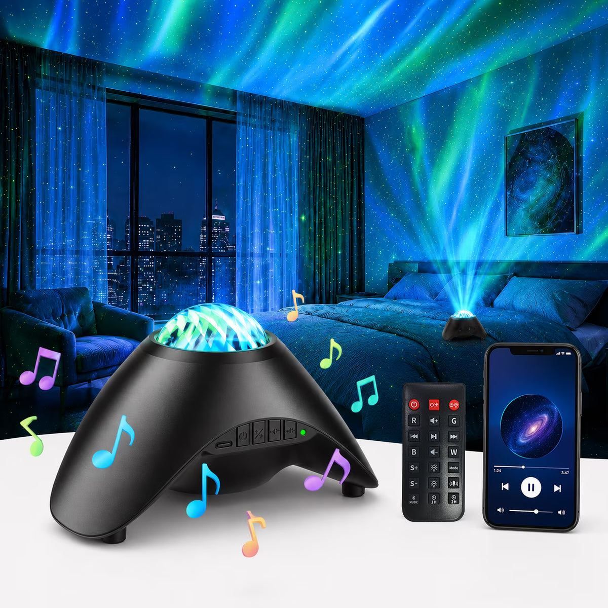 COSJM Galaxy Projector Night Light, Aurora Star Projector with 33 Light Effects, 8 White Noise, Bluetooth Speaker and Remote Control for Bedroom, Gaming Room and Parties, Gift for Kids and Adults