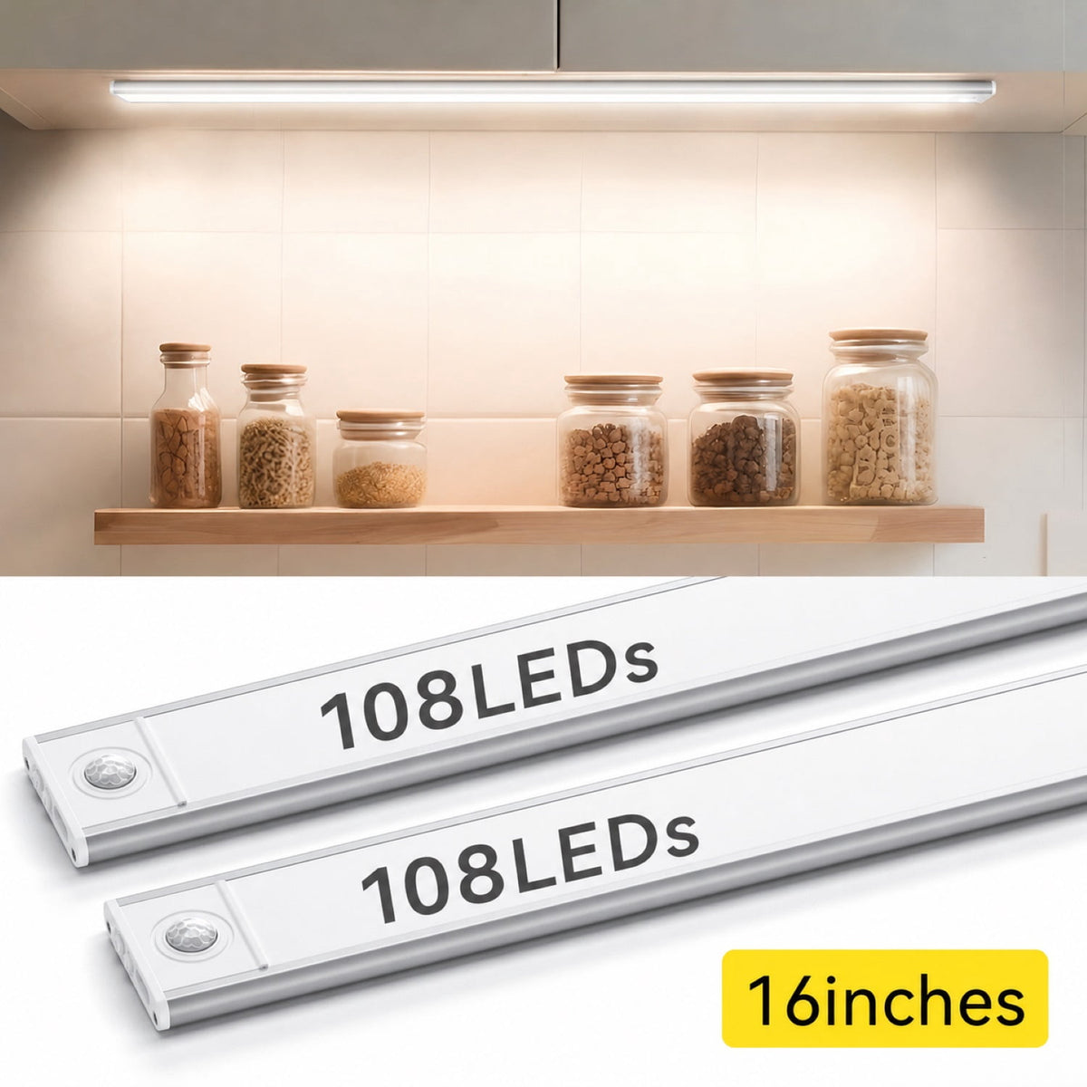 16-Inch Under Cabinet Lighting, 2 Pack Rechargeable Motion Sensor Light Indoor with 3 Color Temps & Stepless Dimming, Wireless Magnetic Under Counter Lights for Kitchen, Shelf, Closet, Bathroom