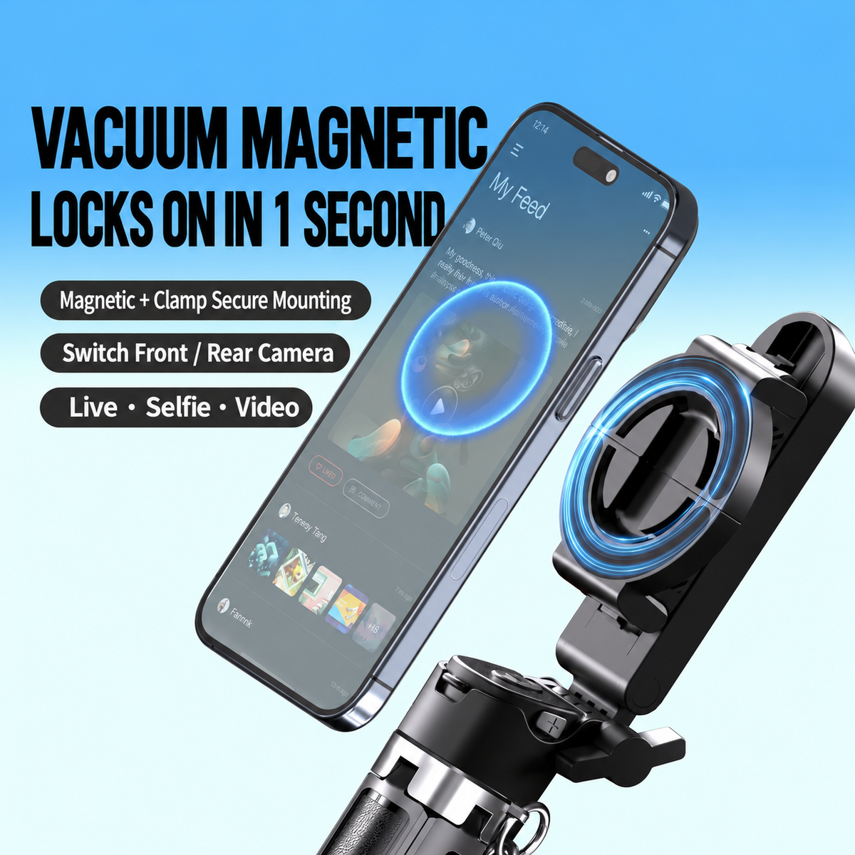 COSJM Mini Magnetic Selfie Stick, 16.5" Extendable with Bluetooth Remote & Phone Clip Holder, Compatible with Iphone and Android for Vlogging