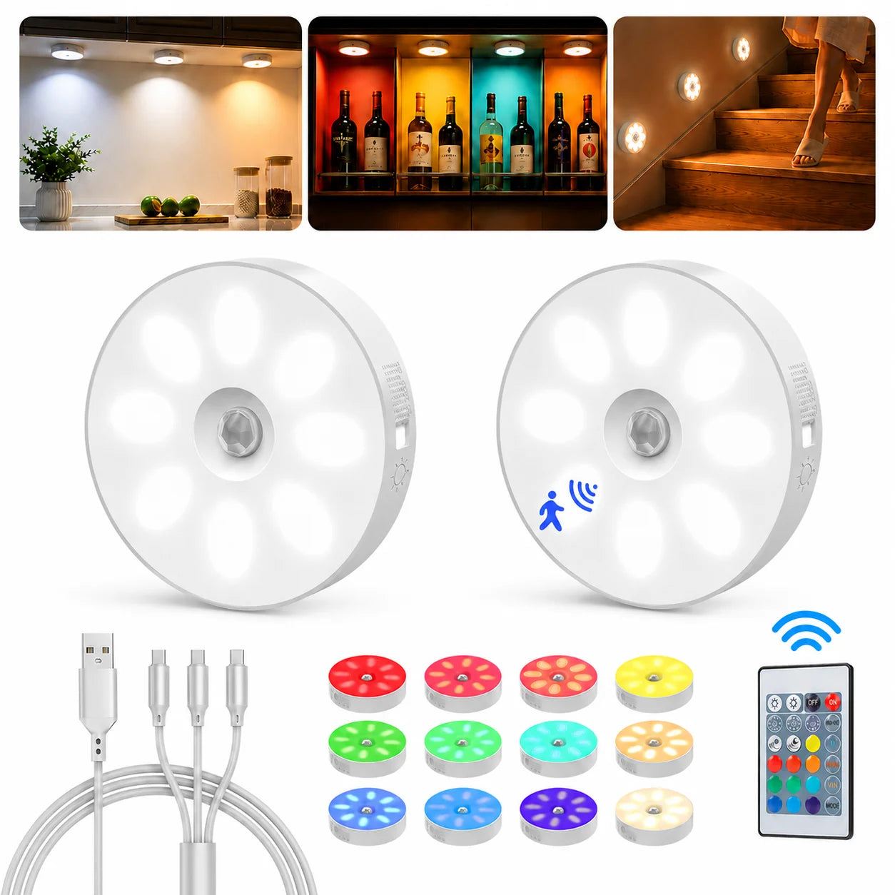 Led Puck Lights with Remote, 1000mAh Rechargeable Under Cabinet Lights with Motion Sensor, 3 Color Temps & 12 RGB Colors, Dimmable Magnetic Stick-On Lights for Kitchen Closet Stairs, 2-Pack