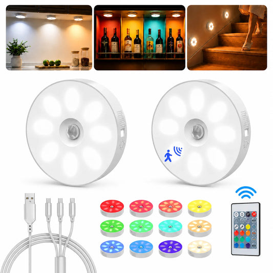 Led Puck Lights with Remote, 1000mAh Rechargeable Under Cabinet Lights with Motion Sensor, 3 Color Temps & 12 RGB Colors, Dimmable Magnetic Stick-On Lights for Kitchen Closet Stairs, 2-Pack