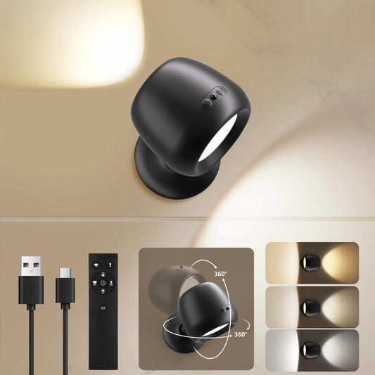 LED Wall Mounted Light Dimmable with 3 Color Temps & 360°Rotation, Rechargeable Cordless Wall Lamp with Remote and Touch Control, Easy Install for Living Room Picture Bedside Reading