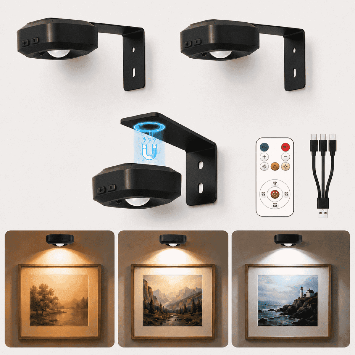 Mini Picture Lights for Wall, Rechargeable Wireless Frame Lights with Remote, 3 Color Temperatures, 5-Level Dimmable, Timer, Magnetic Art Lights for Paintings, Photos & Small Frames, 3 Pack
