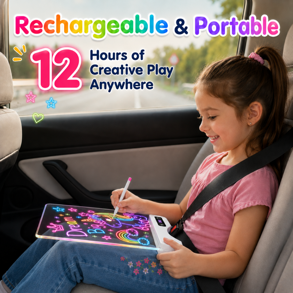 16" Rechargeable LED Drawing Board for Kids, Art Kits Gift for 4-12 Years Old Girls,15 Light Effects,Glow Doodle Tablet, Neon Dry Erase Light up Board with Invisible Stand, 12 Markers & Tracing Book