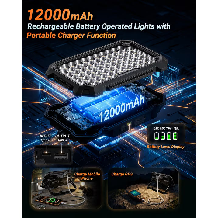 Rechargeable LED Work Light 12000mAh, 10000LM Portable Magnetic Work Light 320 LED, 4 Modes, Adjustable Stand for Mechanics, Camping, Fishing, Car Repair, Emergency Light for Power Outage