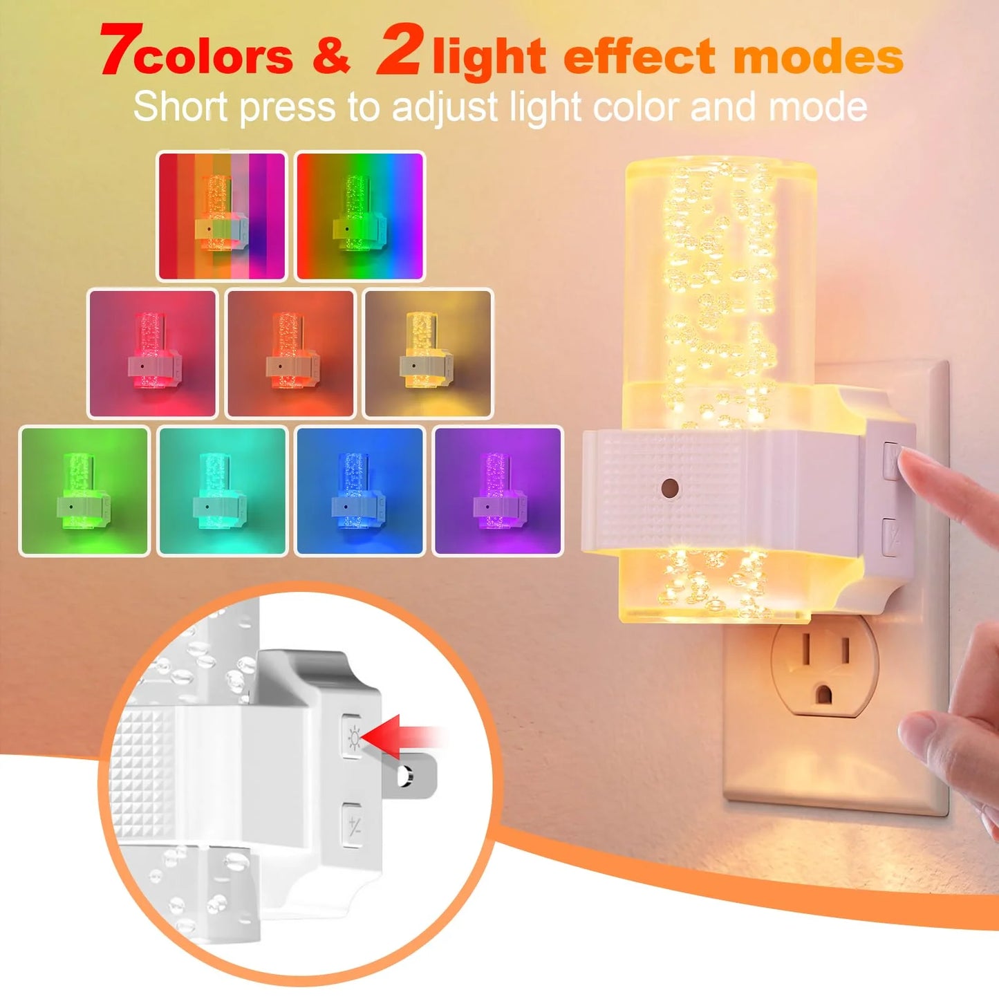 COSJM Night Lights Plug into Wall, Dimmable LED Night Light with Dusk to Dawn Sensor, 7 Color & Rgb Modes, Bubble Design for Hallway Bathroom，2 Pack