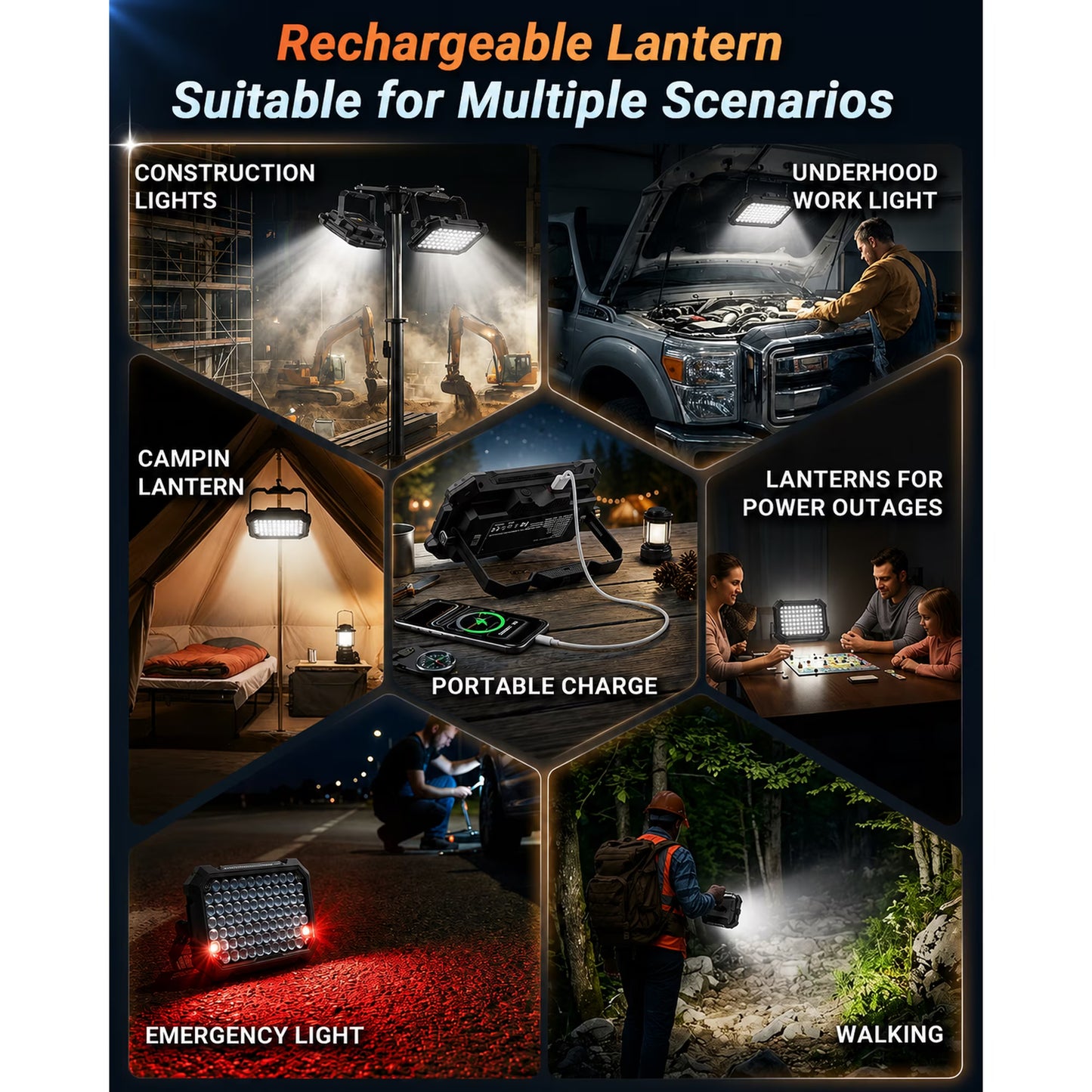 Rechargeable LED Work Light 12000mAh, 10000LM Portable Magnetic Work Light 320 LED, 4 Modes, Adjustable Stand for Mechanics, Camping, Fishing, Car Repair, Emergency Light for Power Outage