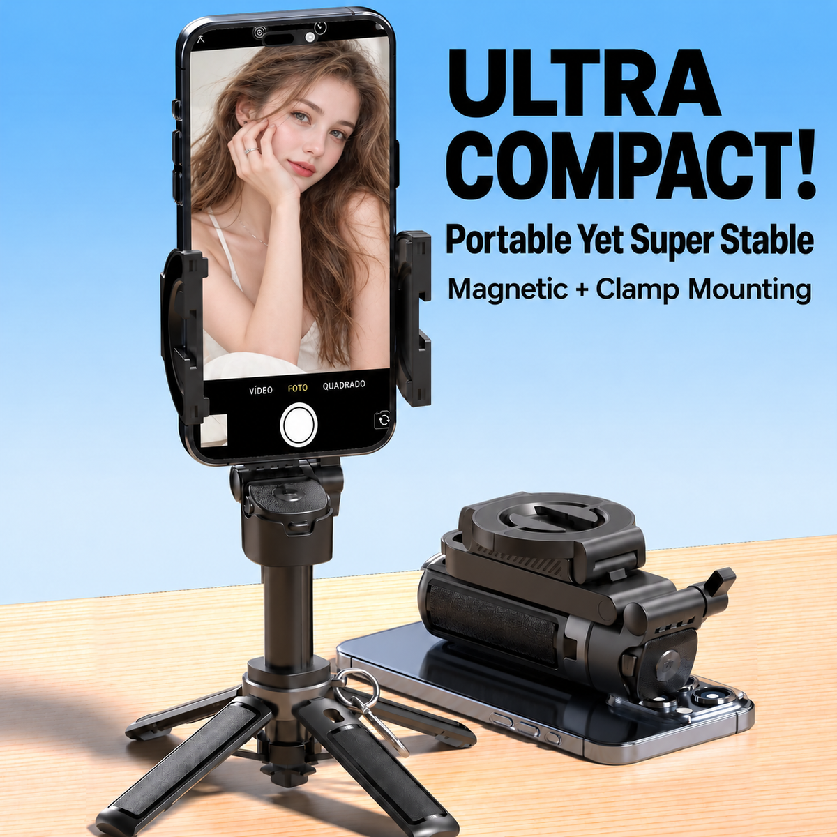 COSJM Mini Magnetic Selfie Stick, 16.5" Extendable with Bluetooth Remote & Phone Clip Holder, Compatible with Iphone and Android for Vlogging