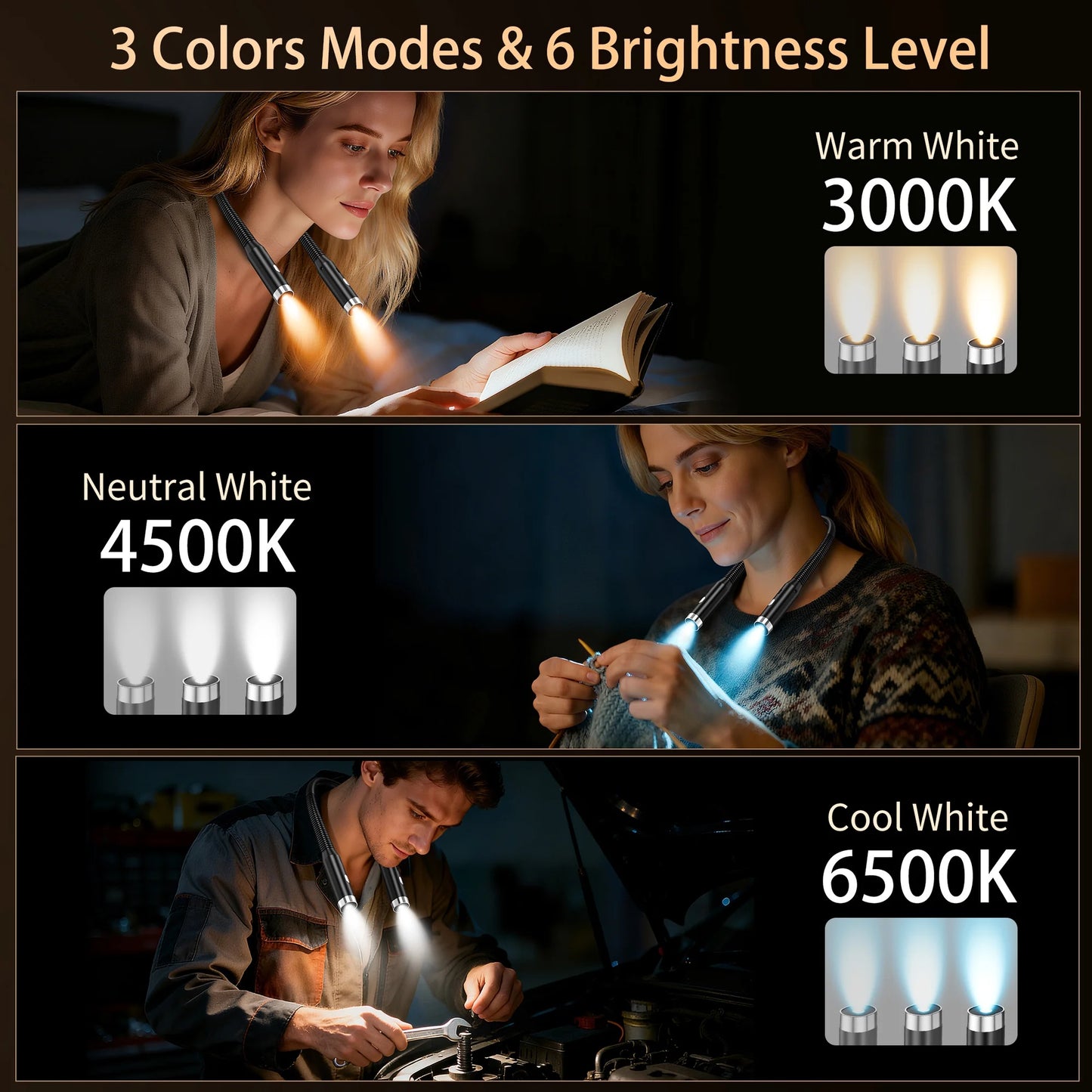 Rechargeable Book Light, Neck Reading Light with 3 Colors & 6 Brightness, Flexible Neck Light for Reading in Bed, Portable Booklights for Reading at Night, Crafts & Book Lovers Gifts, 2 pack
