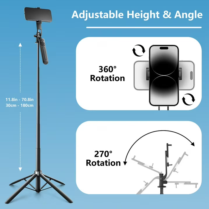 Tripod for iPhone, Phone Tripod & Selfie Stick for iPhone with Remote, 71" Extendable Portable Phone Tripod Stand, 360° Rotating Cell Phone Holder for Video Recording, Compatible with Android