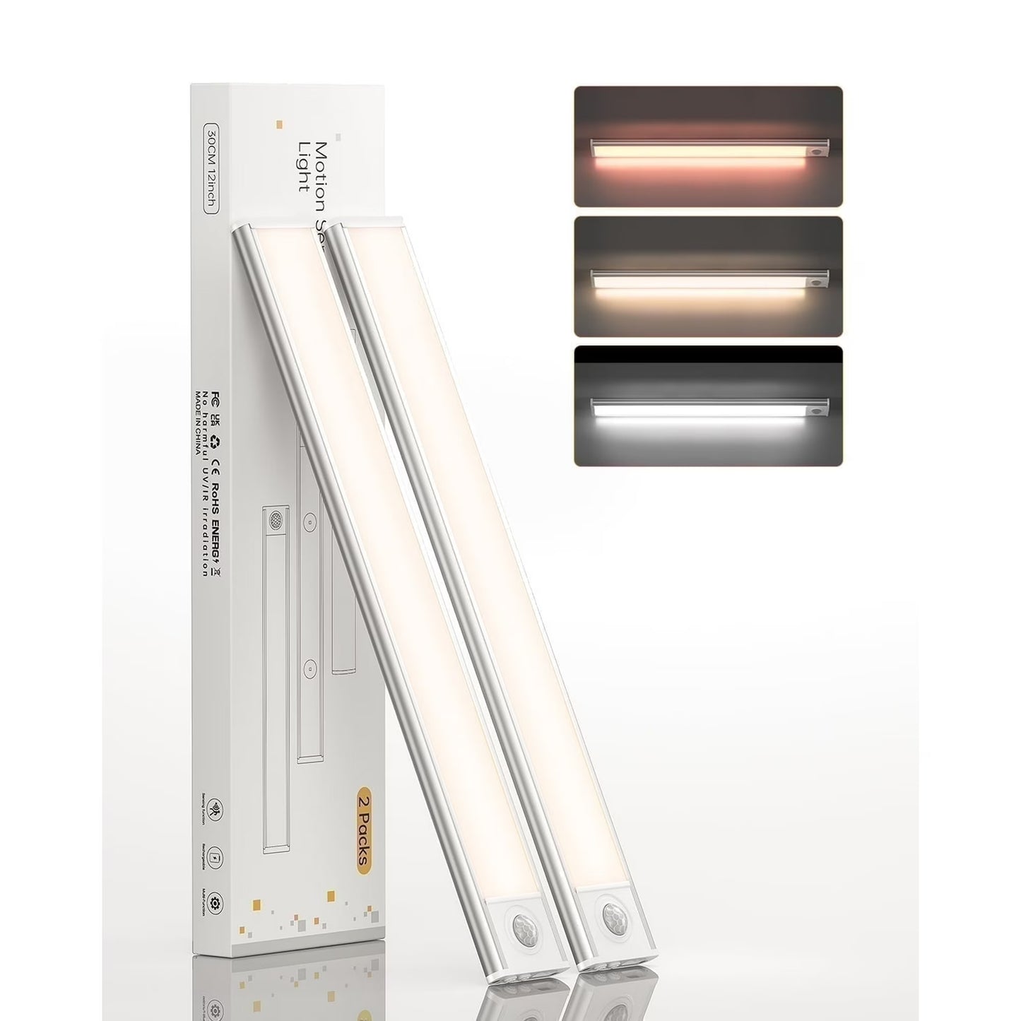 Under Cabinet Lighting 12 inches, 81 LED Motion Sensor Light Indoor with 3 Color Dimmable, Battery Operated Closet Lights Rechargeable Lamp, Magnetic Under Counter Night Light for Kitchen - 2 Pack