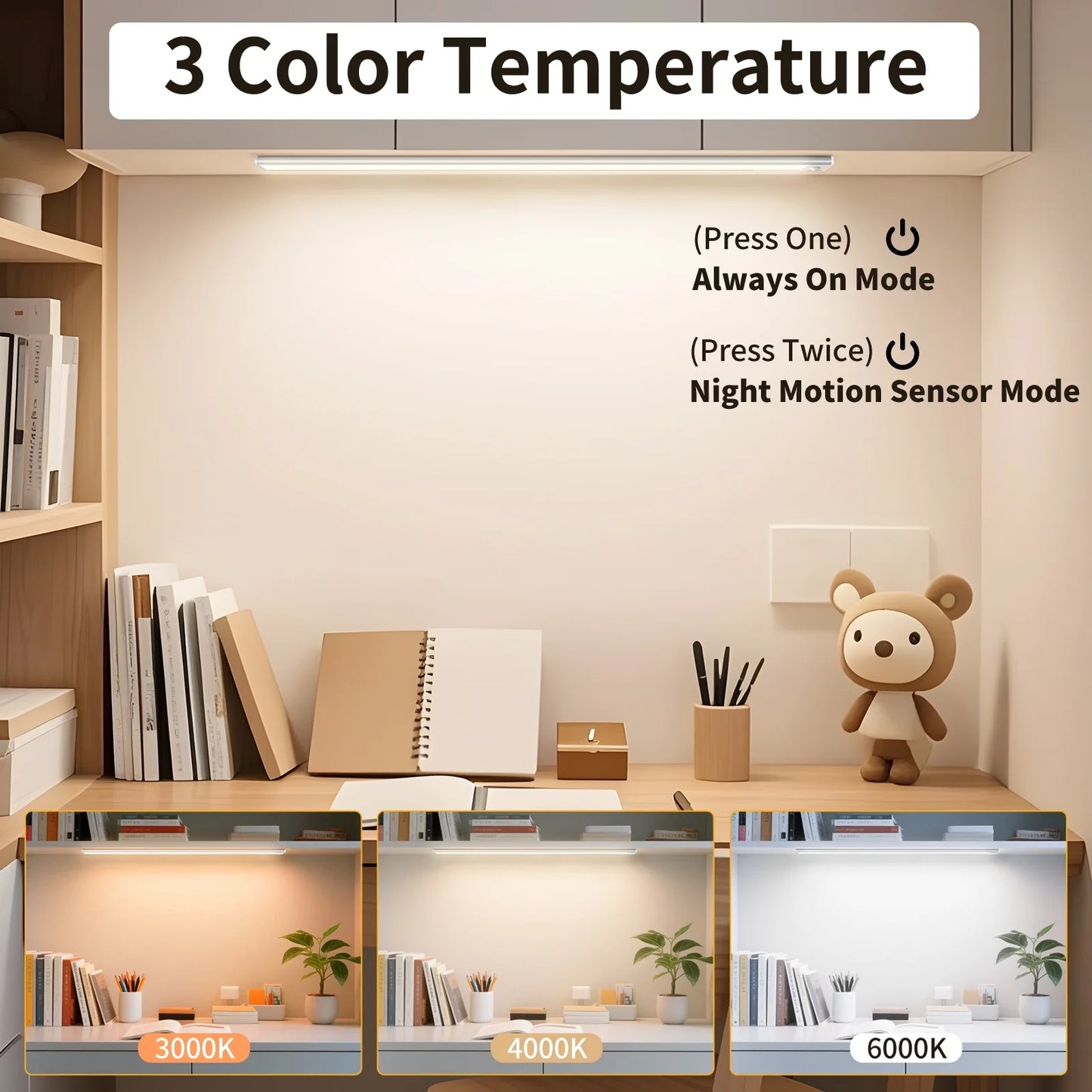 Under Cabinet Lighting 16 inches, 108 LED Motion Sensor Light Indoor, 3 Color Temperatures & Stepless Dimming Closet Lights, Magnetic Under Counter Lights for Kitchen, Pantry, Stairs - 2 Pack