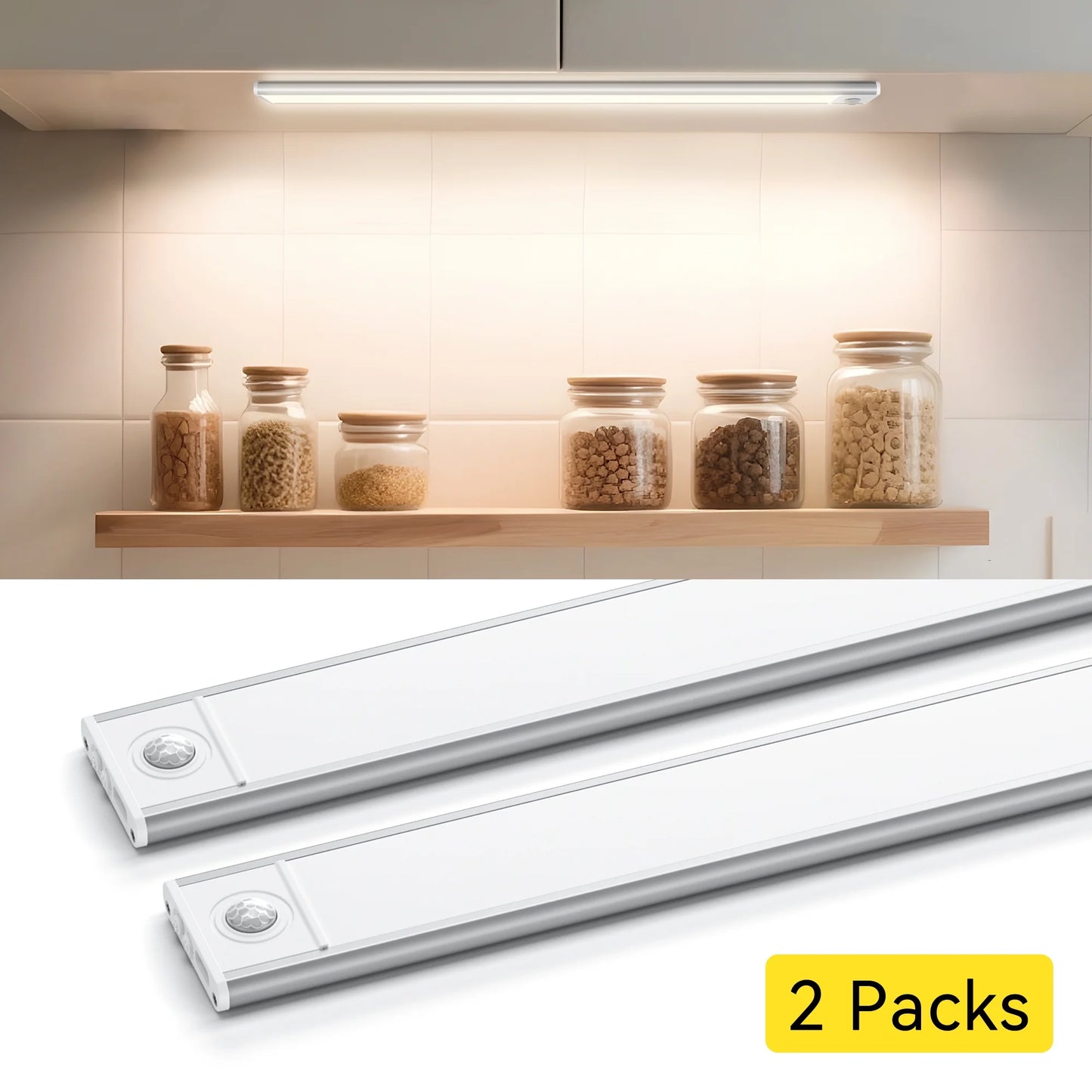 Under Cabinet Lighting 12 inches, 81 LED Motion Sensor Light Indoor with 3 Color Dimmable, Battery Operated Closet Lights Rechargeable Lamp, Magnetic Under Counter Night Light for Kitchen - 2 Pack