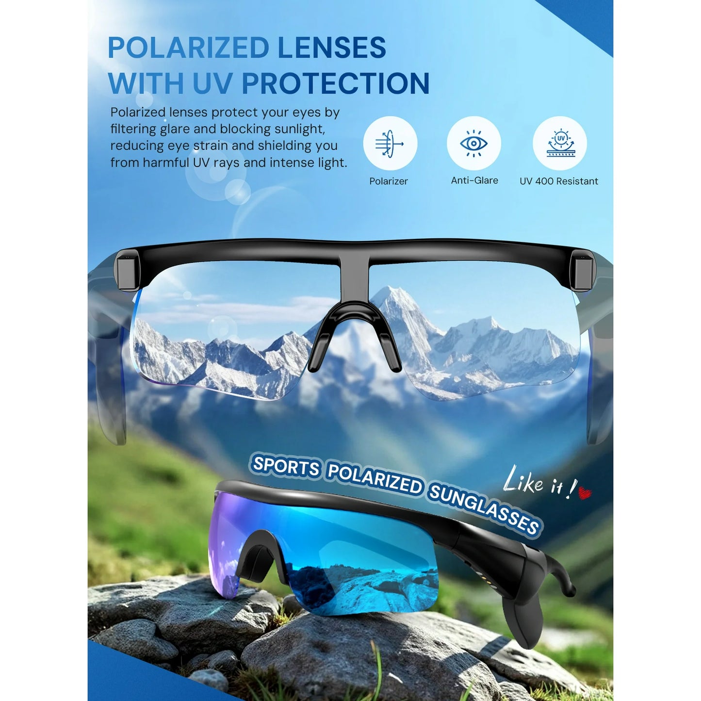 Smart Sunglasses, Bluetooth Cycling Glasses for Men and Women with Built-in Mic, Open-Ear Voice Control, Calling & Music, UV Protection, Magnetic Charging, Running Sunglasses Gifts for Him